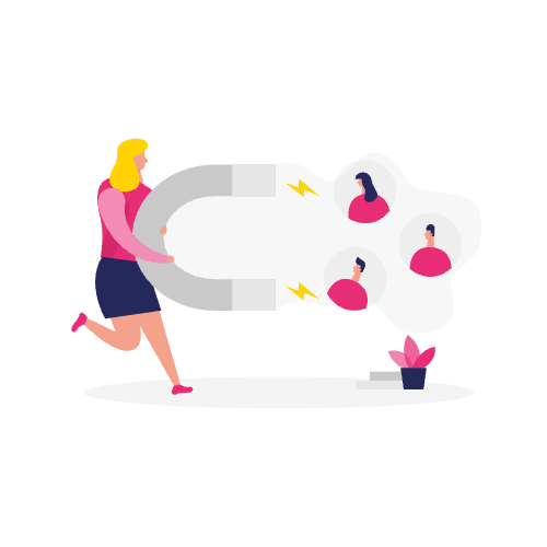 Illustratie van een vrouw die een magneet vasthoudt die de profieliconen van mensen aantrekt, als symbool voor het aantrekken van klanten door middel van effectieve lead-nurturing-inhoud.