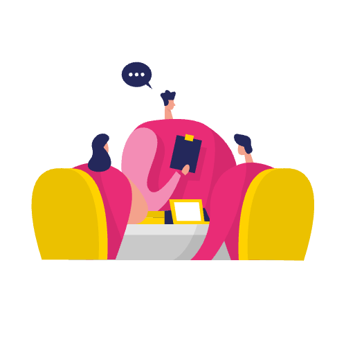 Illustratie van twee mensen die op gele stoelen zitten en een gesprek voeren, waarbij de ene een klembord vasthoudt - perfect om lead-nurturing-inhoud in een professionele omgeving weer te geven.