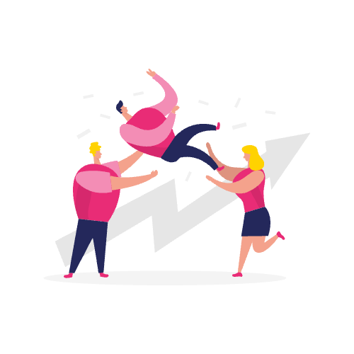 Drie feestvierende mensen die een persoon in de lucht gooien met een stijgende pijl op de achtergrond, symbool voor de opbeurende impact van effectieve lead-nurturing-inhoud.