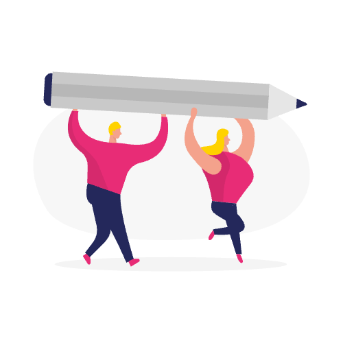 Twee mensen met een gigantisch potlood boven hun hoofd, die samen lopen, geïllustreerd in een eenvoudige stijl - perfect om samenwerkende lead-nurturing-inhoud weer te geven.