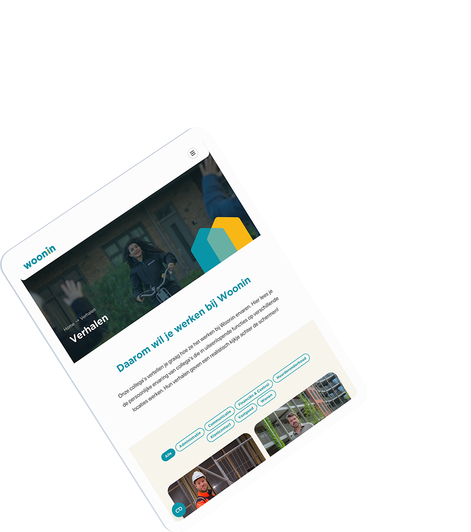 Tabletscherm met de Werken bij Woonin webpagina, compleet met afbeeldingen, tekst en navigatieopties op een helderwitte achtergrond.