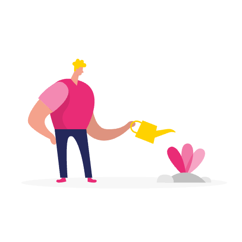 Illustratie van een persoon die een klein plantje water geeft met een gele gieter, als symbool voor groei en verzorging - net als het cultiveren van succes door middel van first-party datamarketing.