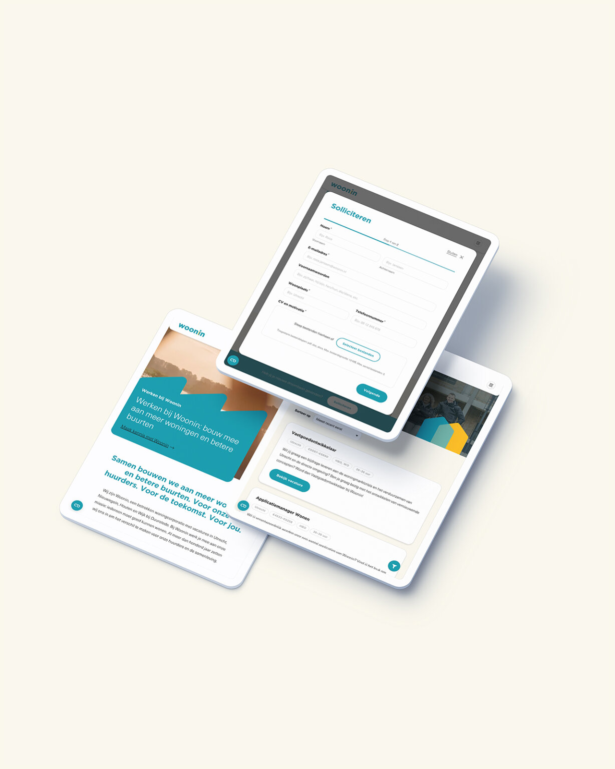 Drie tabletschermen tonen een website met formulieren en informatiekaarten op een lichte achtergrond, waarin de ervaring van werken bij Woonin wordt getoond en actuele Woonin vacatures worden uitgelicht.