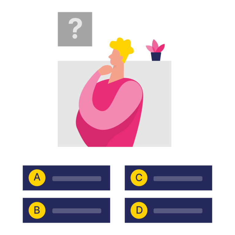 Illustratie van een denkend persoon, met een vraagteken erboven en vier meerkeuze antwoordvakken eronder - perfect voor onderwerpen als seo voor ai-chatbots.