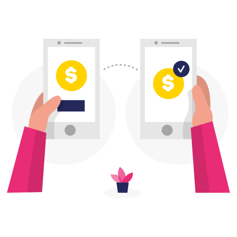 Twee handen houden telefoons vast met een geldsymbool, wat duidt op een succesvolle mobiele betalingsoverdracht - perfect voor mensen die hun financiële transacties willen optimaliseren.