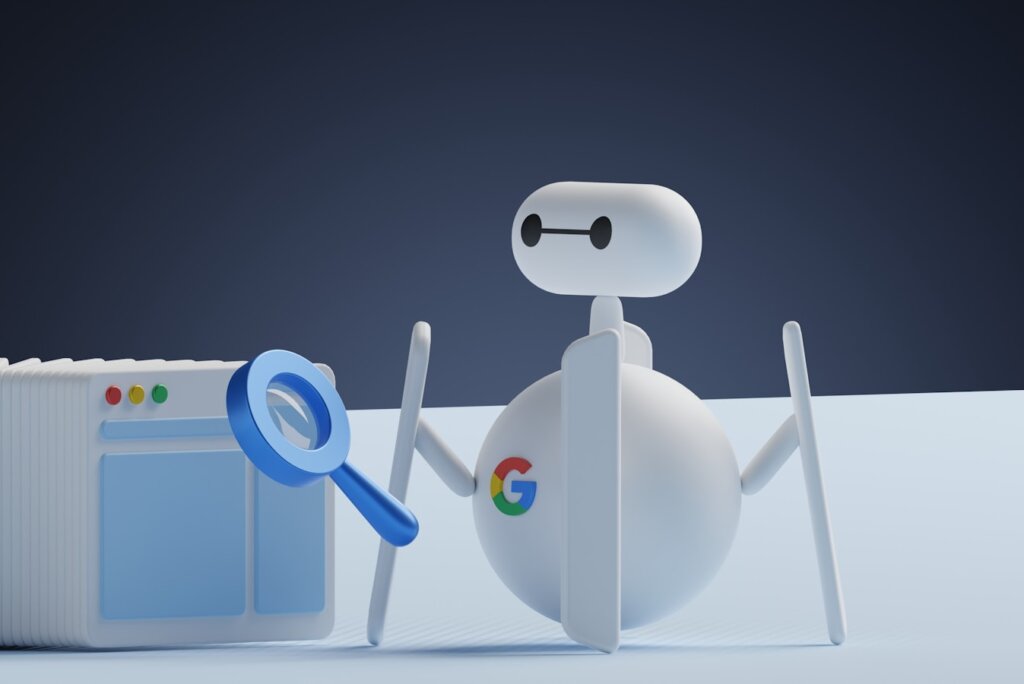 a white robot holding a magnifying glass next to a white box