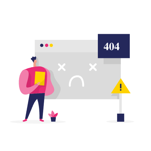 Illustratie van een persoon die een tablet vasthoudt naast een treurig 404-foutscherm en een waarschuwingsteken, waarmee het belang wordt benadrukt van xml sitemap optimaliseren voor betere websitenavigatie.