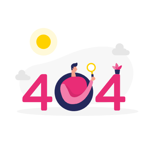 Illustratie van een persoon met een vergrootglas in een grote "404"-fout, met een zon en een plant op de achtergrond - perfect voor blogposts over canonieke tags uitleg of SEO pagina niet gevonden fouten.