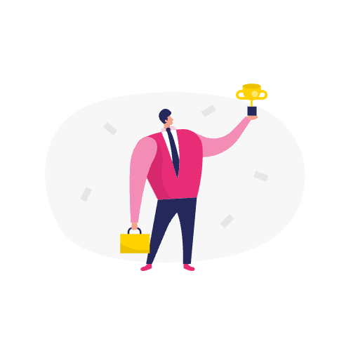 Illustratie van een zakenman met een trofee in de ene hand en een aktetas in de andere, wat staat voor succes in SEO content planning en strategie.