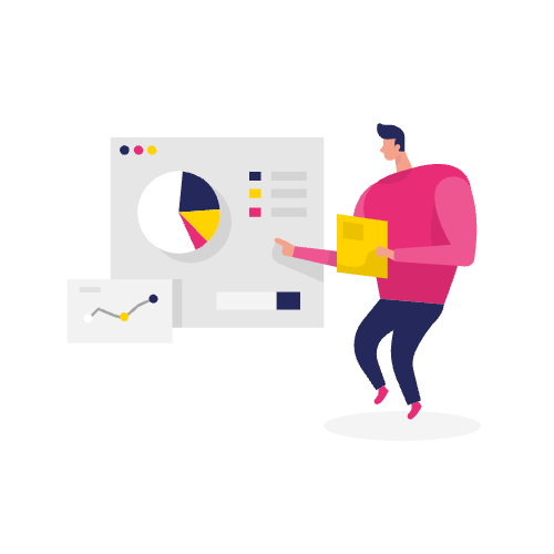 Illustratie van een persoon die grafieken op een scherm analyseert terwijl hij documenten vasthoudt, om het belang van SEO-inhoudsplanning te benadrukken.