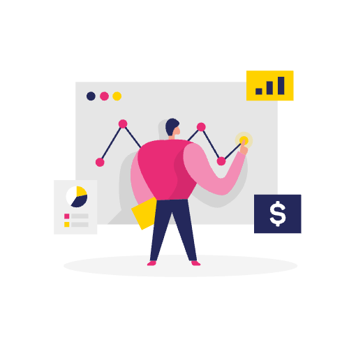 Illustratie van een persoon die gegevensgrafieken en grafieken analyseert op een groot scherm met financiële pictogrammen, waarmee het belang van besluitfase-inhoud bij het nemen van beslissingen wordt benadrukt.