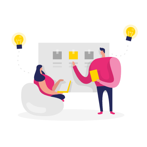 Twee mensen brainstormen voor een bord, met gloeilamppictogrammen als symbool voor ideeën en notities met betrekking tot de inhoud van de besluitfase.