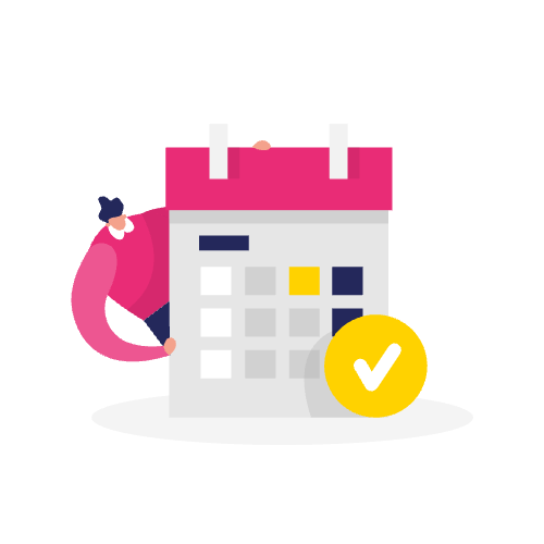 Illustratie van een persoon die een kalender vasthoudt met een groot geel vinkje ervoor, symbool voor effectieve SEO content planning en organisatie.