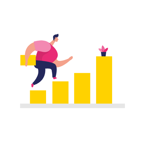 Illustratie van een persoon die gele staafdiagramtrappen beklimt in de richting van een potplant bovenaan, symbool voor groei en succes door attributie marketing uitleg.