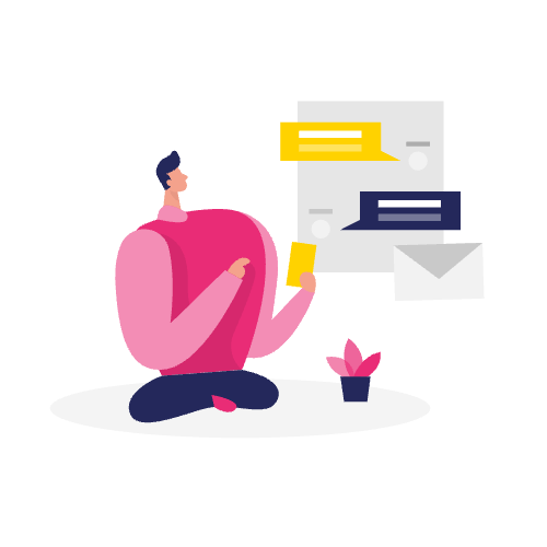 Illustratie van een persoon in kleermakerszit met een kaart in de hand, met chatbellen en een kleine potplant in de buurt - perfect voor een toegankelijkheidsverklaring website.