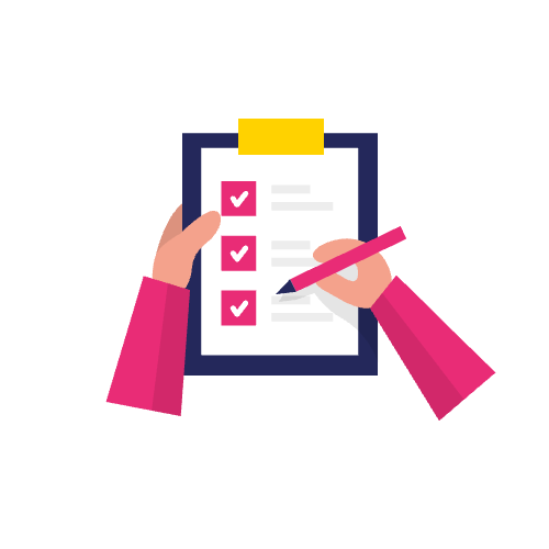 Illustratie van handen die een klembord met een checklist vasthouden, items markerend met een roze pen - perfect om stappen te markeren om uw toegankelijkheidsverklaring website te voltooien.