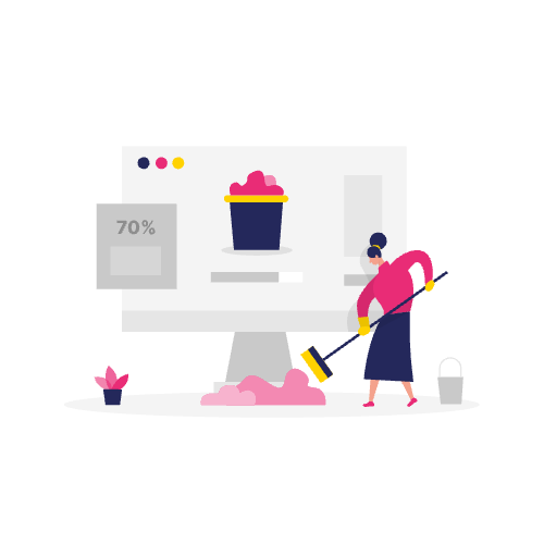 Illustratie van een persoon die roze vloeistof opruimt met een dweil bij een computer en een emmer, mogelijk om onverwachte robots txt fouten te repareren.