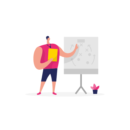 Illustratie van een coach die naar een strategiebord met pijlen en X'en wijst, een klembord vasthoudt, een plant in de buurt - perfect om te visualiseren hoe je onderwerpclusters maakt in je inhoudsplanning.