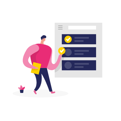Illustratie van een persoon die taken afvinkt op een digitale checklist, met een map in de hand en een plantje in de buurt - perfect om organisatie weer te geven en robots txt fouten op te lossen.
