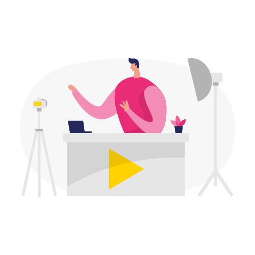 Illustratie van een persoon die besluitfase-inhoud opneemt aan een bureau met een laptop, camera en studiolampen.