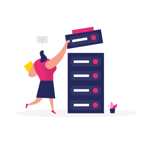 Illustratie van een vrouw die een document archiveert in een hoge kast met vier lades - een georganiseerde touch die perfect is voor semantische SEO - naast een kleine potplant.