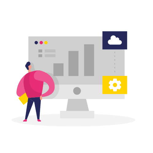 Illustratie van een persoon bij een grote computermonitor met grafieken, een wolkenpictogram en een instellingenpictogram - perfect om te visualiseren hoe je clusters maakt in de contentstrategie.