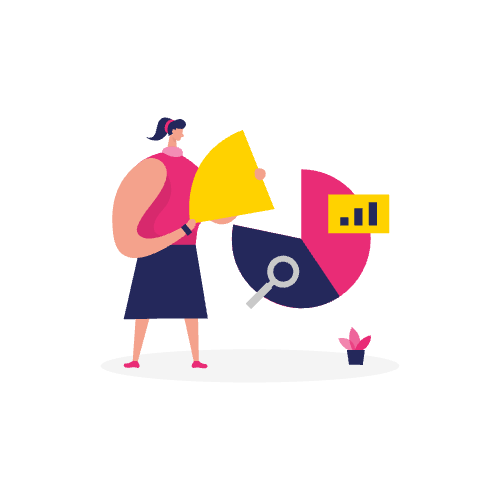 Illustratie van een vrouw die een kleurrijke taartgrafiek analyseert met een vergrootglas en een klein plantje in de buurt, wat semantische SEO-inzichten weergeeft.