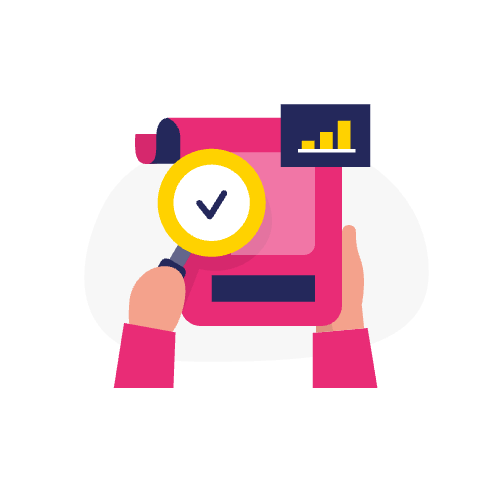 Handen die een klembord vasthouden met rechtsboven een vergrootglas, vinkje en staafdiagram, als symbool voor toegankelijkheid van de website en WCAG 2.2 compliance.