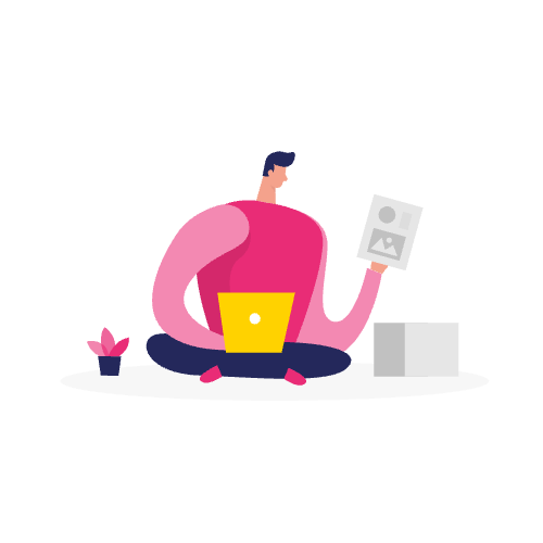 Illustratie van een persoon in kleermakerszit met een laptop, papier in de hand en een plantje in de buurt, als symbool voor toegankelijkheid van de website en naleving van de WCAG 2.2-normen.