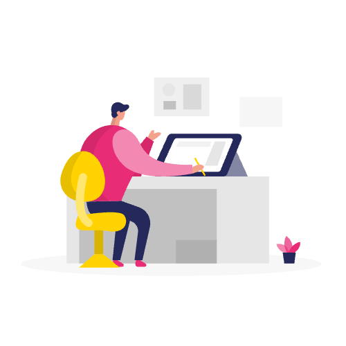 Illustratie van een persoon die tekent op een digitaal tablet aan een bureau met een gele stoel en een kleine potplant, perfect voor visuals gericht op landingspagina conversie verhogen.