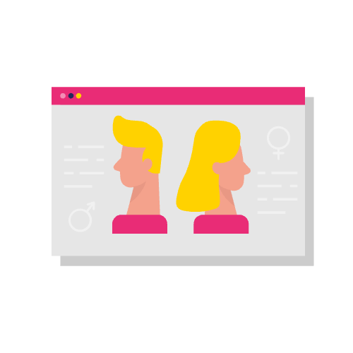 Illustratie van een man en een vrouw in profiel in een browservenster, met de gezichten in tegenovergestelde richtingen - perfect voor het visualiseren van CRM- en contentmarketingstrategieën.