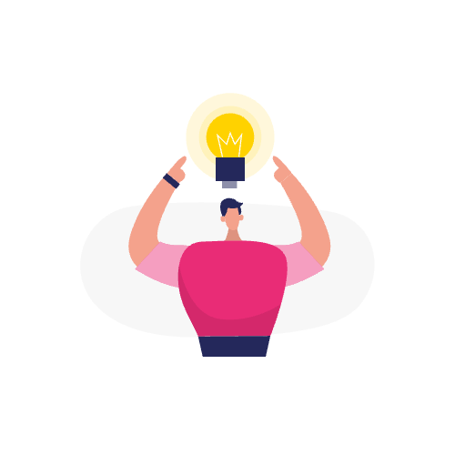 Illustratie van een persoon in roze die zijn armen omhoog houdt met een gloeiende lamp boven zijn hoofd, als symbool voor een idee geïnspireerd door AI zoekmachines en SEO innovatie.