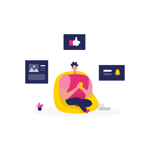 Persoon zittend op een gele zitzak, met een telefoon in de hand, omringd door social media iconen en notificaties - perfect voor crm en contentmarketing inspiratie.