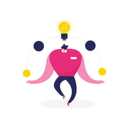 Illustratie van een persoon die jongleert met ballen en een gloeilamp boven zijn hoofd, symbool voor ideeën, multitasking en de creatieve vonk achter een sterk kader voor merkboodschappen.