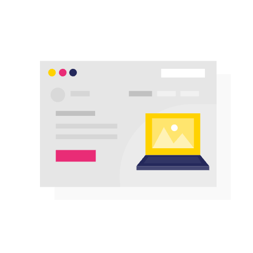 Illustratie van een webpagina met een gele laptop die een afbeelding weergeeft en een roze knop aan de linkerkant, die headless WordPress SEO-oplossingen voorstelt.