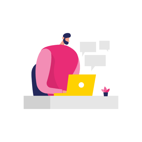 Illustratie van een persoon die op een gele laptop aan een bureau werkt met een plantje en tekstballonnetjes op de achtergrond, perfect om tips voor landingspagina conversie verhogen te laten zien.