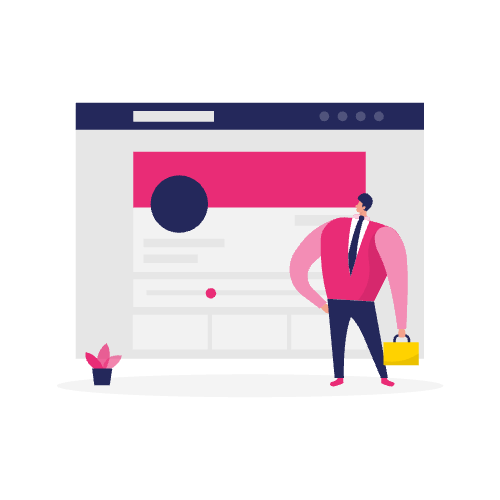 Illustratie van een persoon in zakelijke kleding die een aktetas vasthoudt, staand bij een grote website-interface die crm en contentmarketing tools benadrukt.