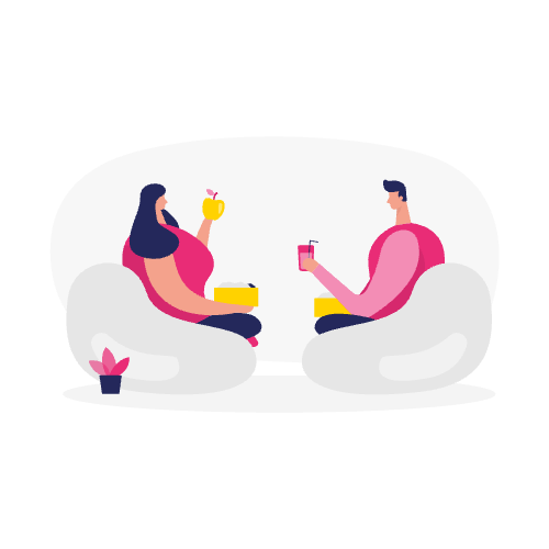 Illustratie van twee mensen die op moderne stoelen zitten te genieten van drankjes en hapjes, met een kleine plant in de buurt - een ontspannen moment dat een samenhangend kader voor merkboodschappen weerspiegelt.