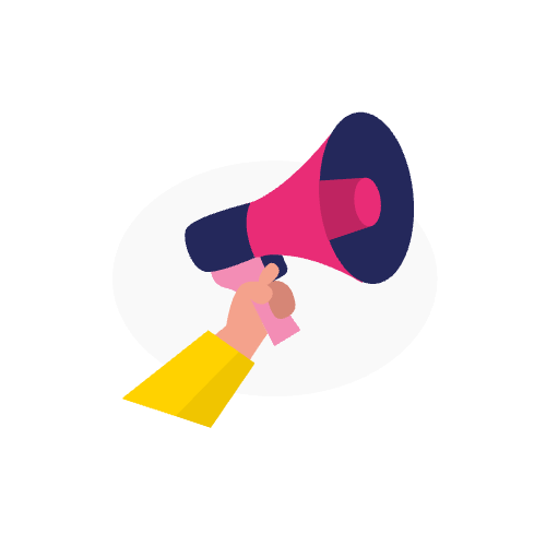 Illustratie van een hand die een roze en marineblauwe megafoon met gele huls vasthoudt, op een lichte achtergrond - perfect voor brandingcontent voor werkgevers.