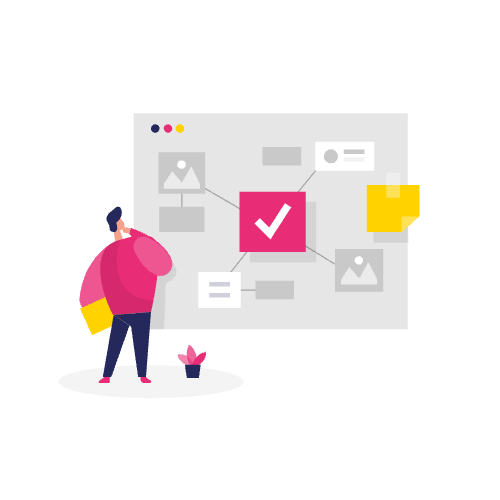 Illustratie van een persoon die kijkt naar een CRM stroomdiagram met een groot vinkje in het midden en verbonden contentmarketing elementen.