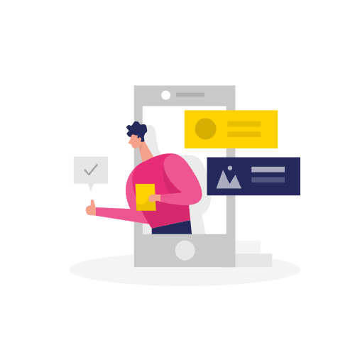 Illustratie van een persoon die uit een smartphone komt, een telefoon vasthoudt, met chatbubbels en meldingen - perfect om te laten zien hoe een landingspagina conversie verhogen digitale betrokkenheid kan stimuleren.