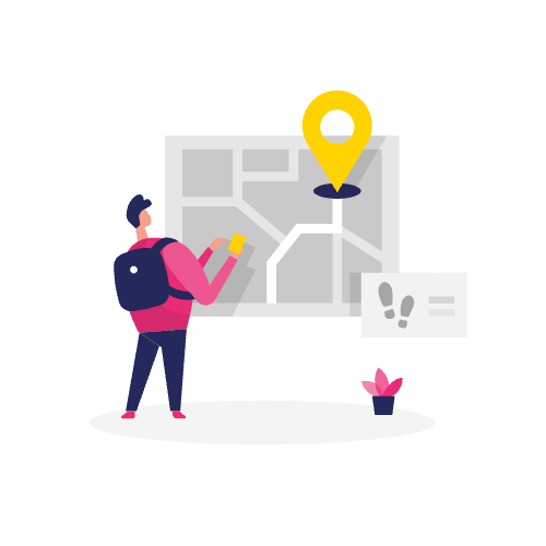 Illustratie van een persoon met een rugzak die naar een kaart kijkt, met een grote locatiepin en voetafdrukpictogram - perfect voor attributie-marketinguitleg visuals.