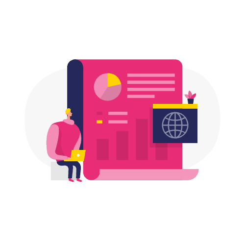 Illustratie van een persoon met een laptop naast een groot gegevensrapport met grafieken en een wereldbolpictogram, waarin strategieën voor landingspagina conversie verhogen worden belicht.