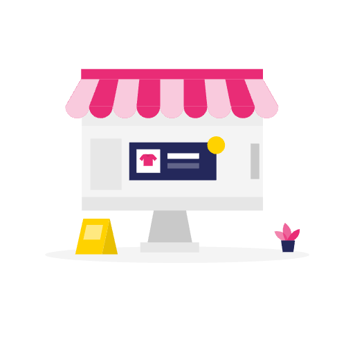 Illustratie van een computermonitor met een roze gestreepte luifel, die lijkt op een online winkel, met een plant en een uithangbord in de buurt - perfect voor het visualiseren van concepten als canonieke tags uitleg in digitale marketing.