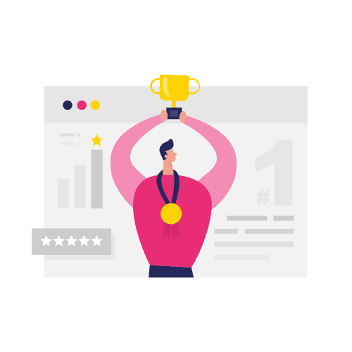 Illustratie van een persoon die een trofee boven zijn hoofd houdt, een medaille draagt, met grafieken en een ster op de achtergrond - perfect voor employer branding-inhoud die succes en prestaties benadrukt.