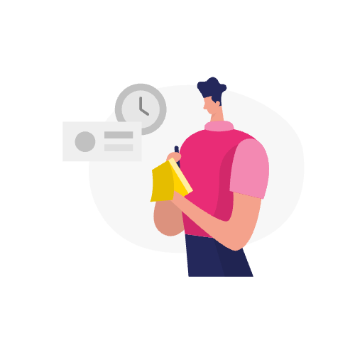 Illustratie van een persoon die een notitieblok en pen vasthoudt, met een klokpictogram op de achtergrond, als symbool voor planning voor seo en toegankelijkheid.