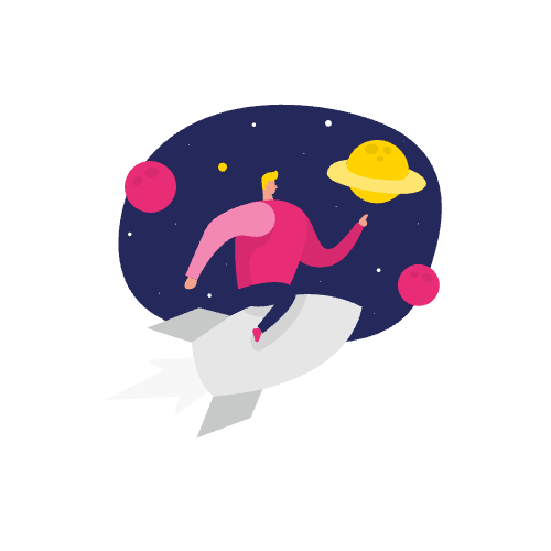 Tekenfilmfiguur die een raket bestuurt in de ruimte, reikend naar een gele planeet met ringen en omringd door sterren, symbool voor de grenzeloze mogelijkheden van seo en toegankelijkheid.