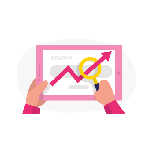 Handen die een tablet vasthouden met een stijgende grafiek, met een vergrootglas en zoekbalk op de achtergrond, die illustreren hoe xml sitemap optimaliseren de prestaties van je website kan verbeteren.