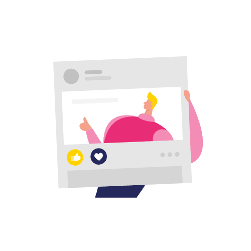 Illustratie van een persoon die een groot social media-postframe vasthoudt met like- en hartpictogrammen onderaan, als symbool voor hoe boeiende inhoud kan e-e-a-t-verbeteren.