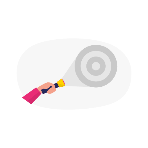 Illustratie van een hand met een zaklamp die licht schijnt op een doel met concentrische cirkels, symboliserend hoe ai zoekmachines belangrijke gebieden verlichten voor SEO succes.